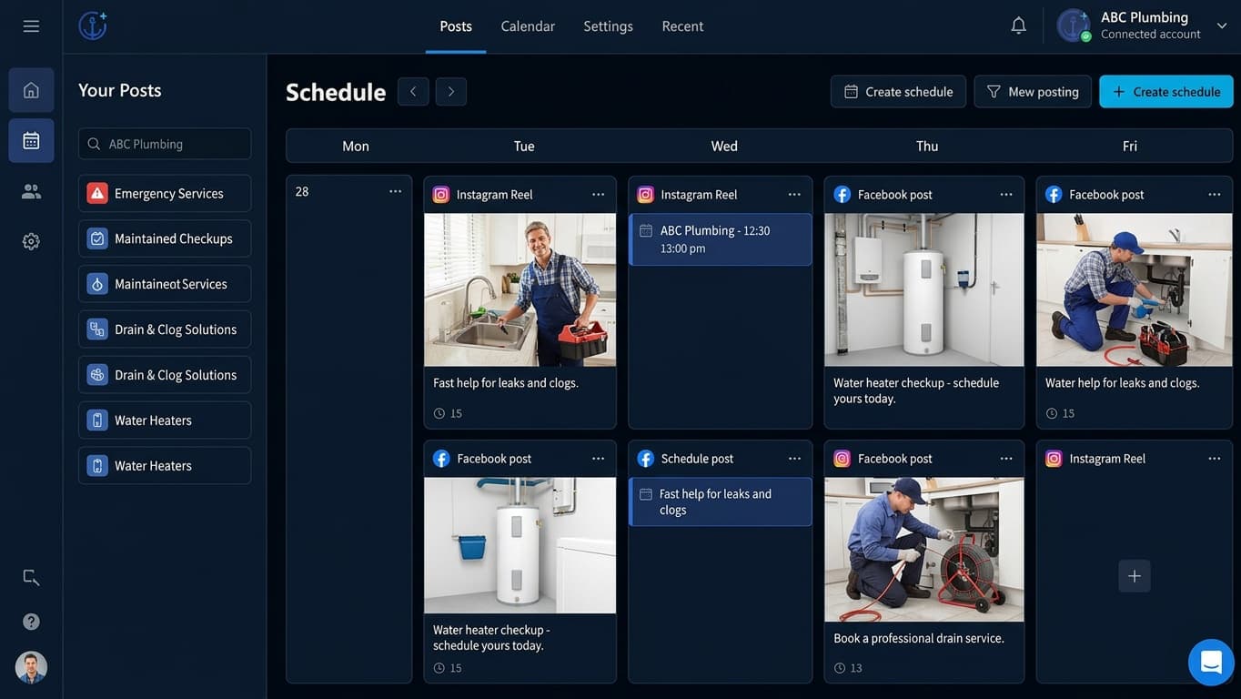 Anchor content planning workspace for fictional ABC Plumbing, showing editable plumbing-service posts and scheduled content